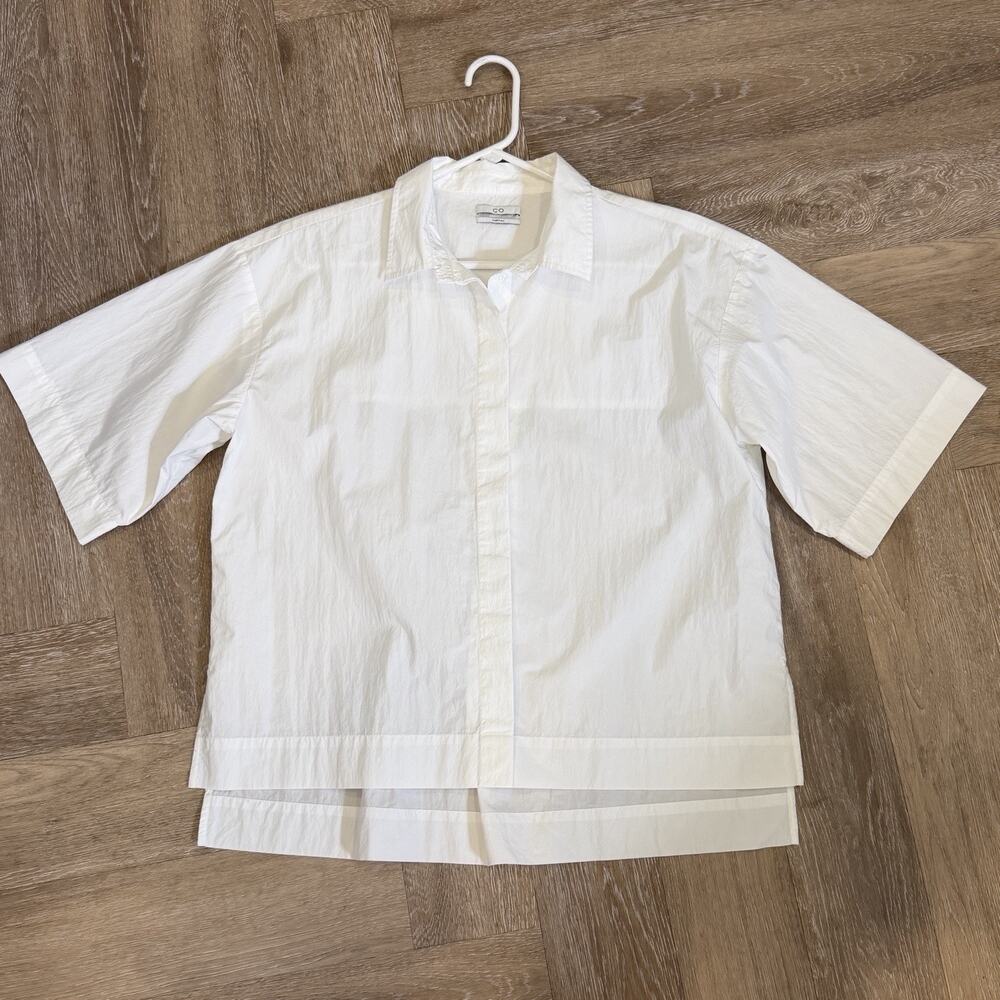 CO Essentials Women's Size L Cotton Nylon White Button Up Top Short Sleeve